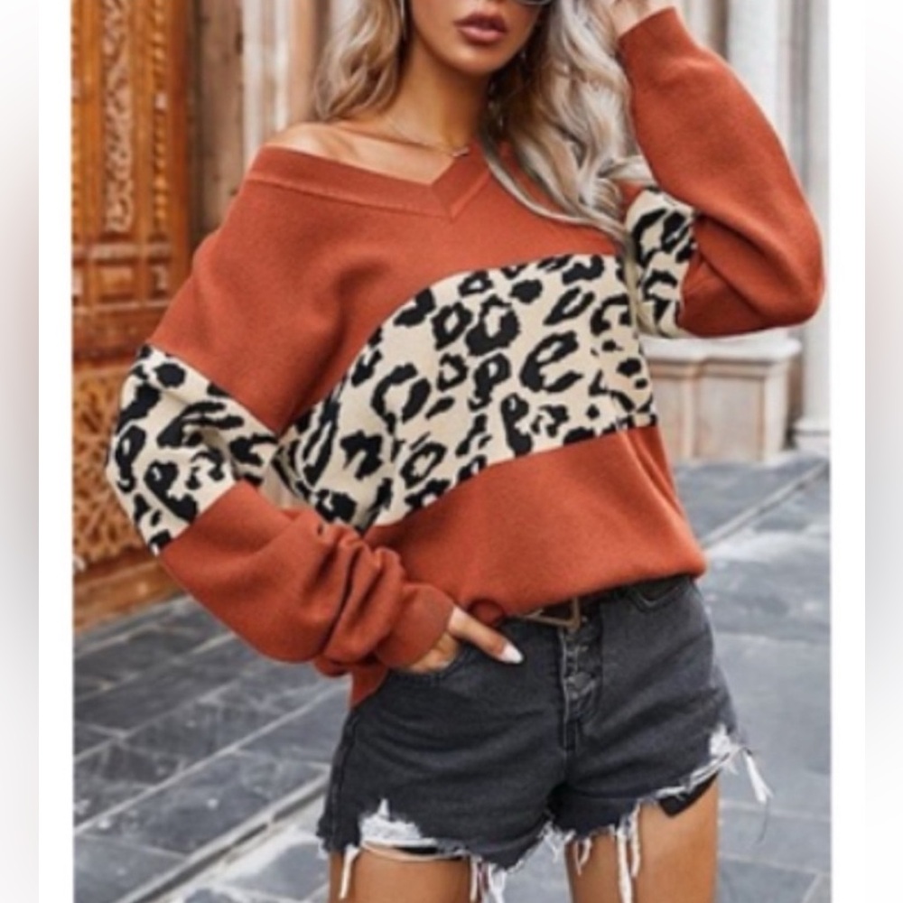 B179🧡Stunning+soft burnt orange v-neck top w/animal print middle🧡High quality!